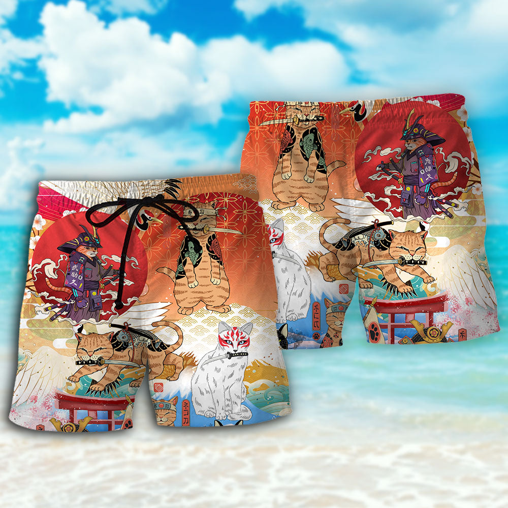 Funny Samurai Cat Japanese Art – Beach Short