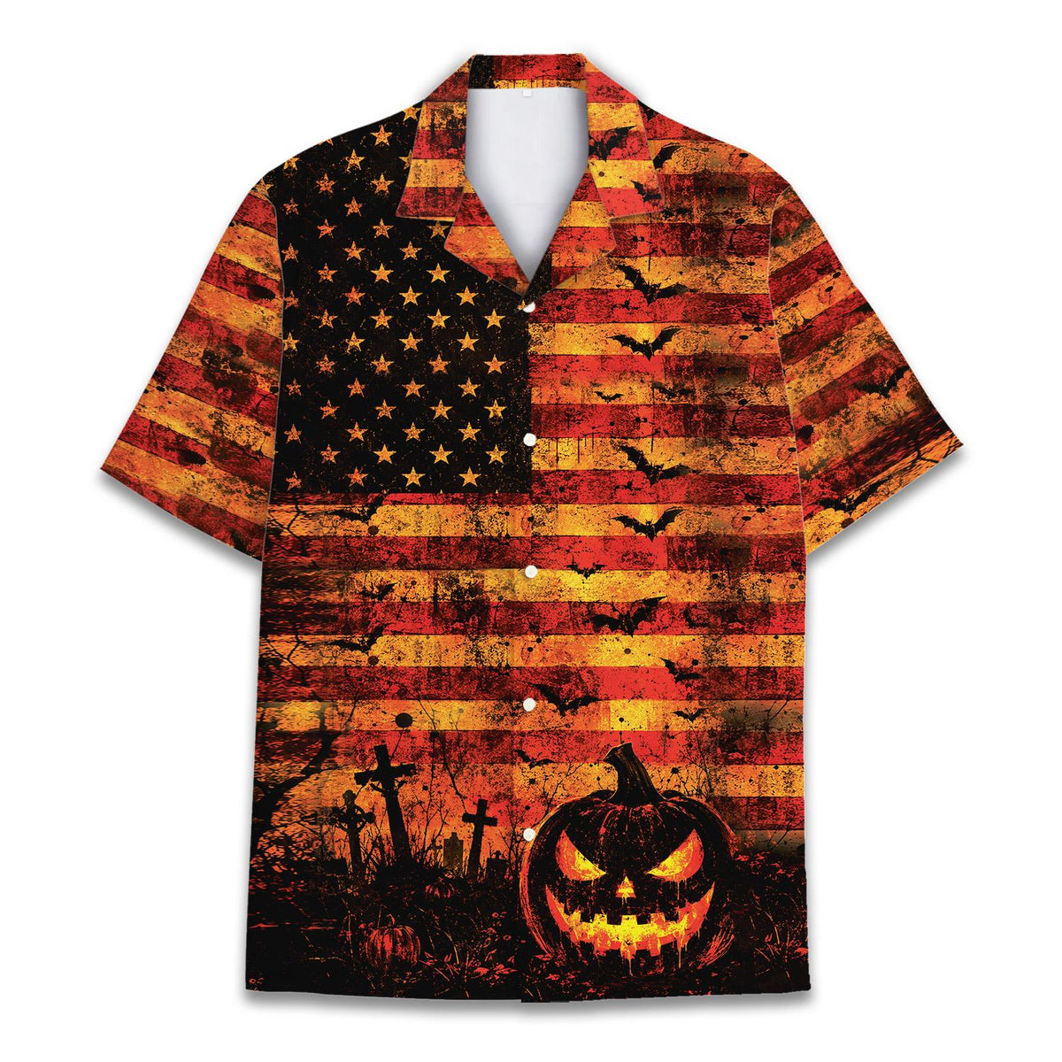 Spooky American Flag Jack O Lantern Cemetery – Hawaiian Shirt