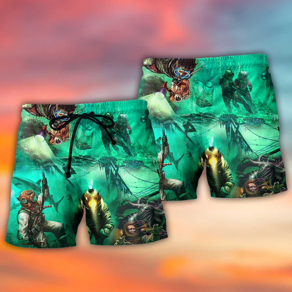 Sea Monster Diving Fantasy Art – Beach Short