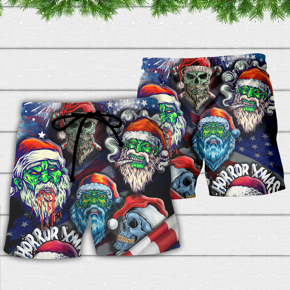 Skull Christmas US Flag Skeleton Art - Beach Short - Owls Matrix LTD
