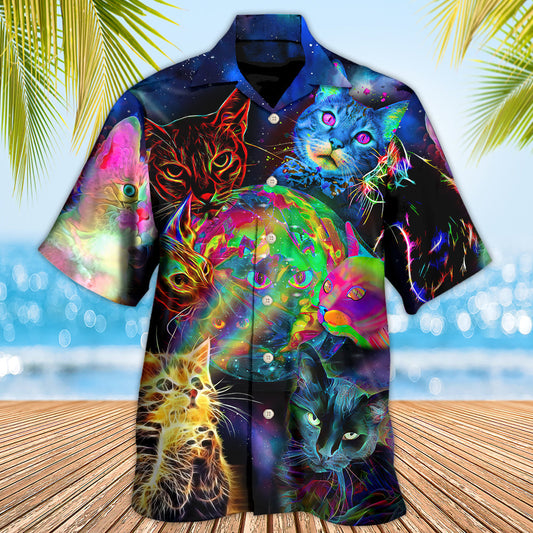 Psychedelic Cat Glowing Galaxy Neon – Hawaiian Shirt