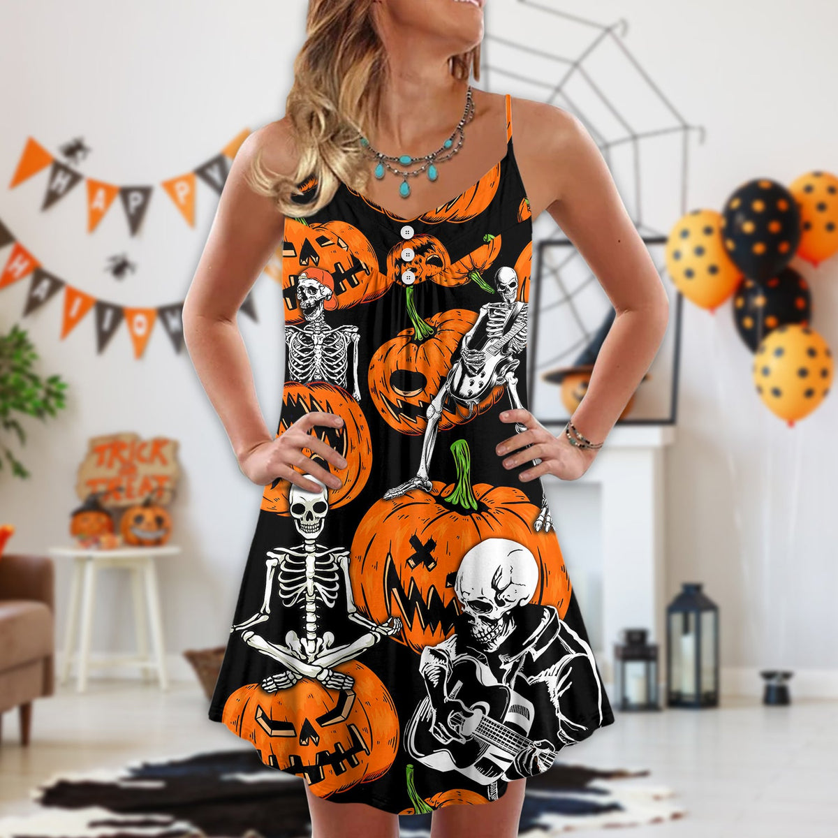 Halloween Skeleton Pumpkin Scary – Women's Summer Sleeveless V-Neck Camisole Dress