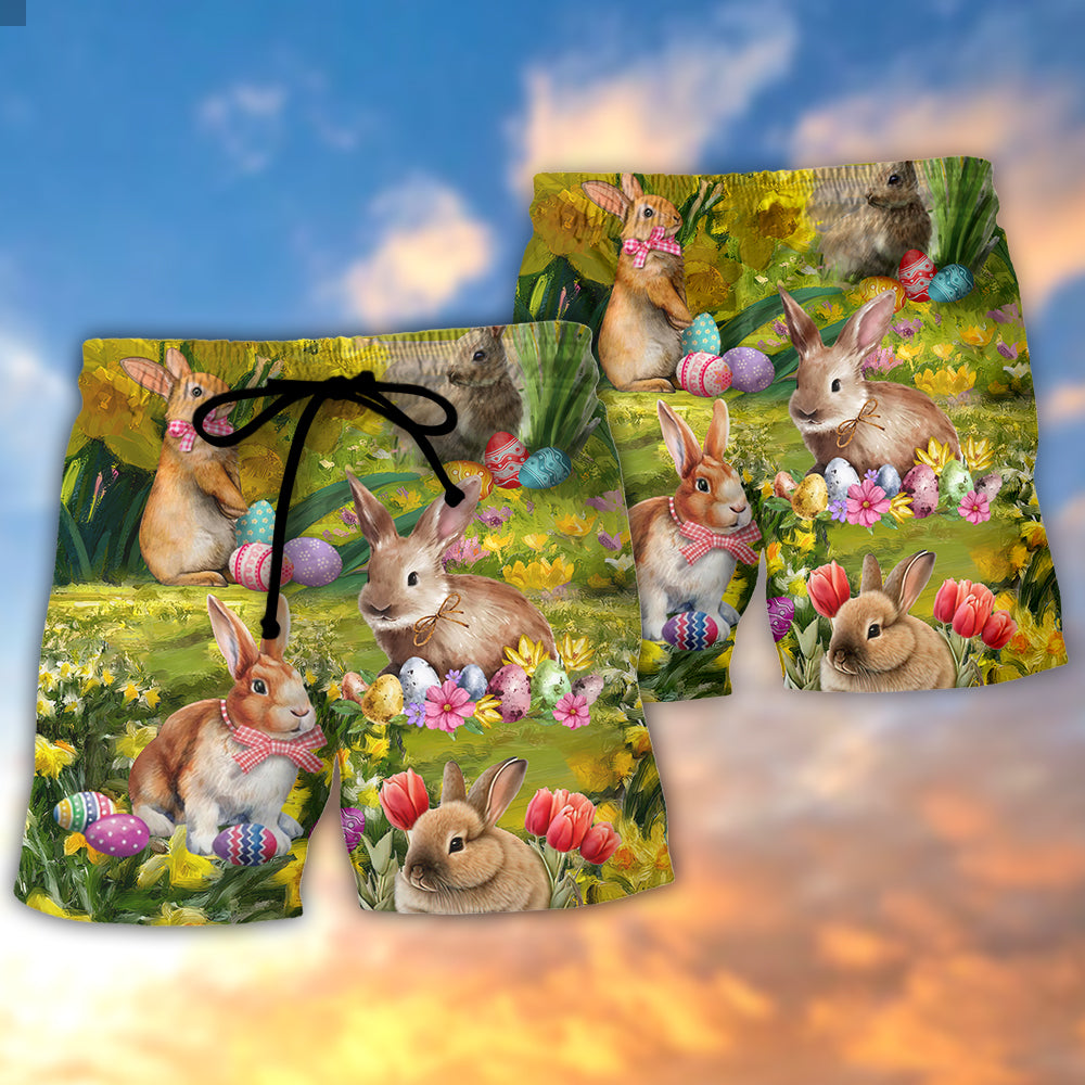 Easter Rabbit Relaxing In Flower Landscape Art - Beach Short