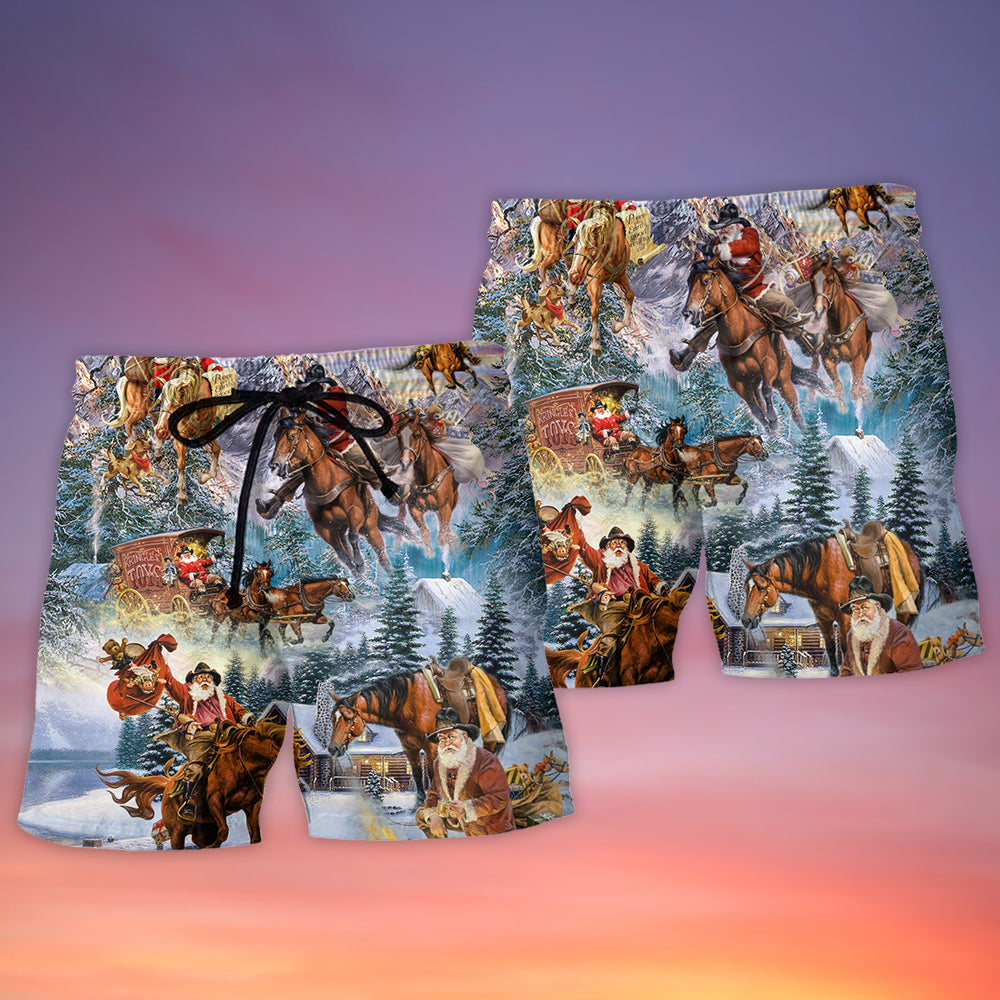 Santa Riding Horse In Snowy Mountains – Beach Short