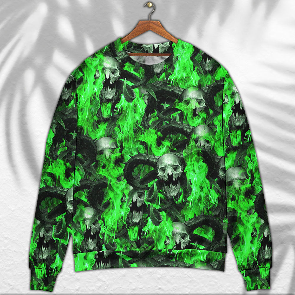 Green Flame Skull Burning Art – Sweater - Ugly Christmas Sweater