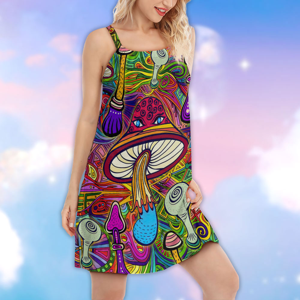 Hypnotic Hippie Mushroom Art – Women's Summer Sleeveless V-Neck Camisole Dress