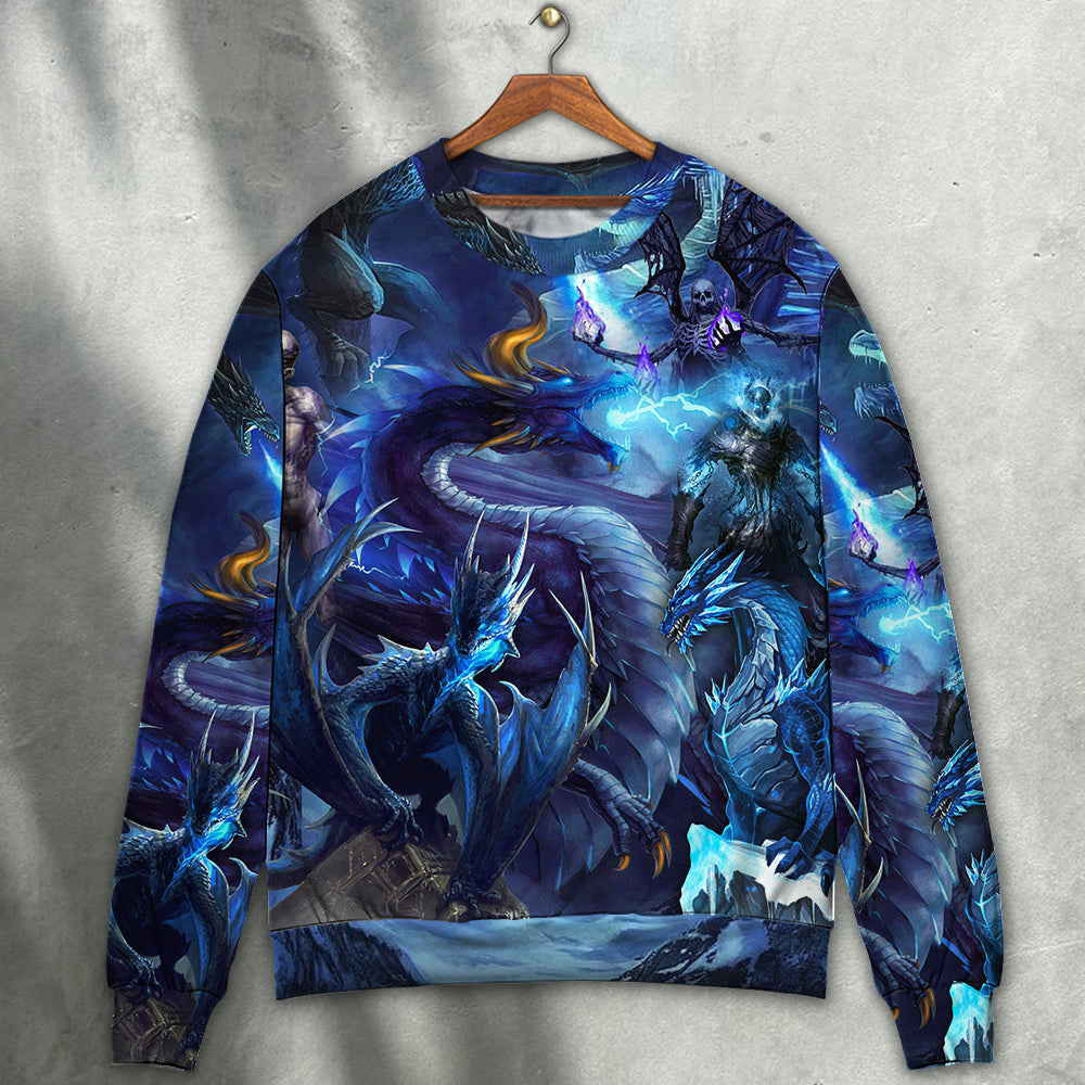 Blue Dragon Skull Fire Lightning Art – Sweater - Ugly Christmas Sweater