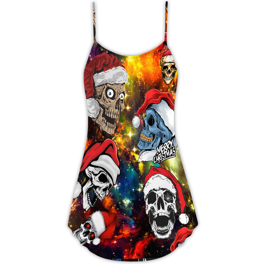 Christmas Skull Santa Hat Theme – Women's Summer Sleeveless V-Neck Camisole Dress
