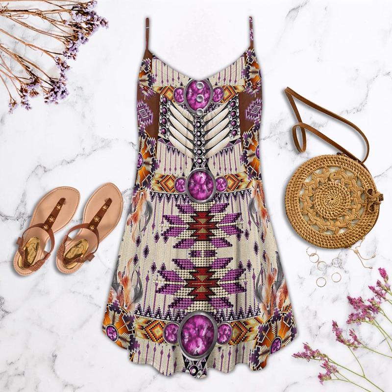 Native Purple Pink Summer Vibes – Women's Summer Sleeveless V-Neck Camisole Dress