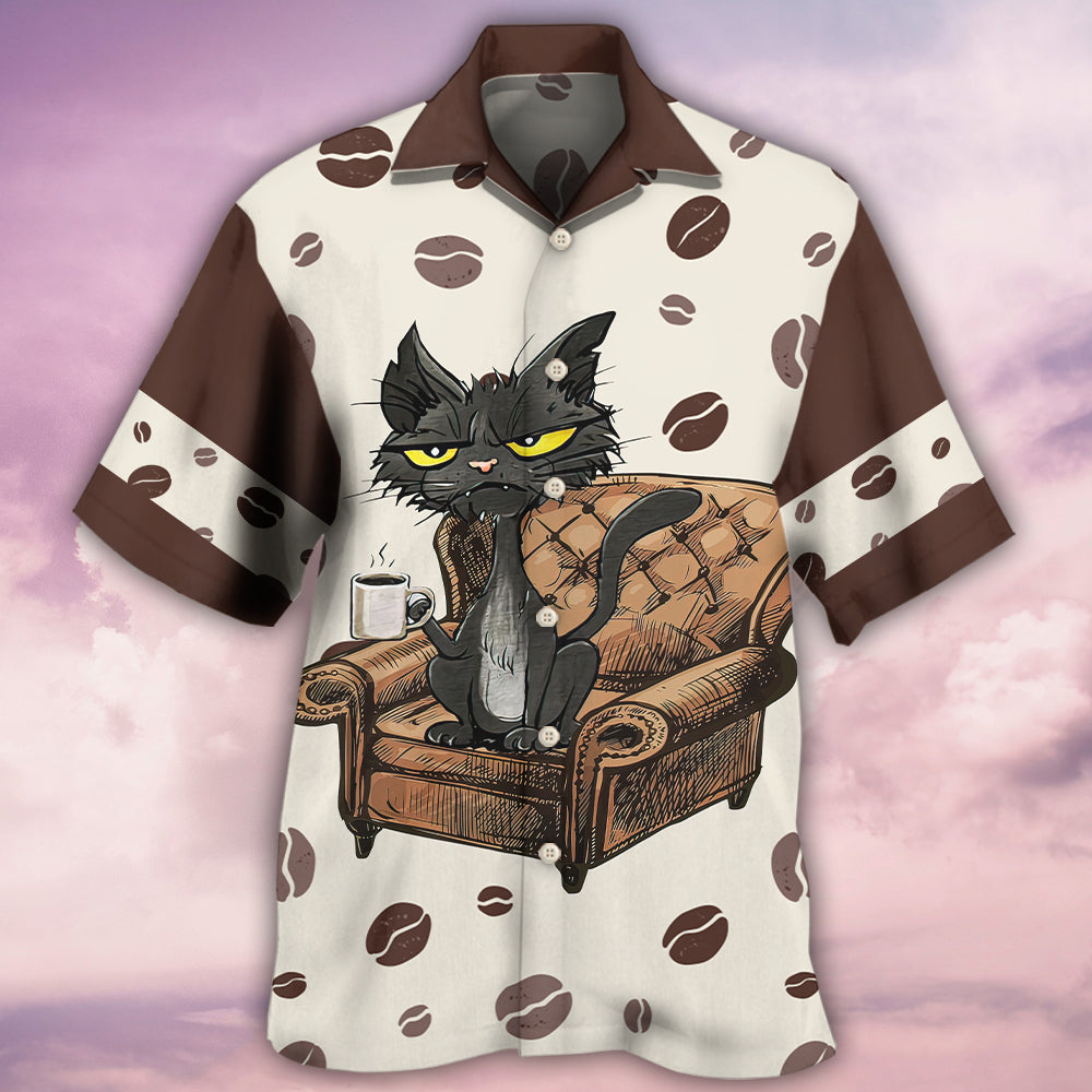 Black Cat Coffee Lover Humor - Hawaiian Shirt