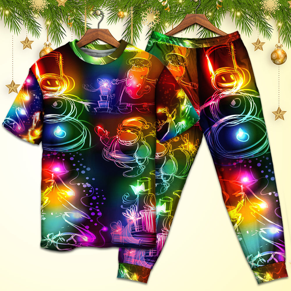 Christmas Santa Claus Tree Snowman Neon Light Style - Pajamas Short Sleeve - Owls Matrix LTD
