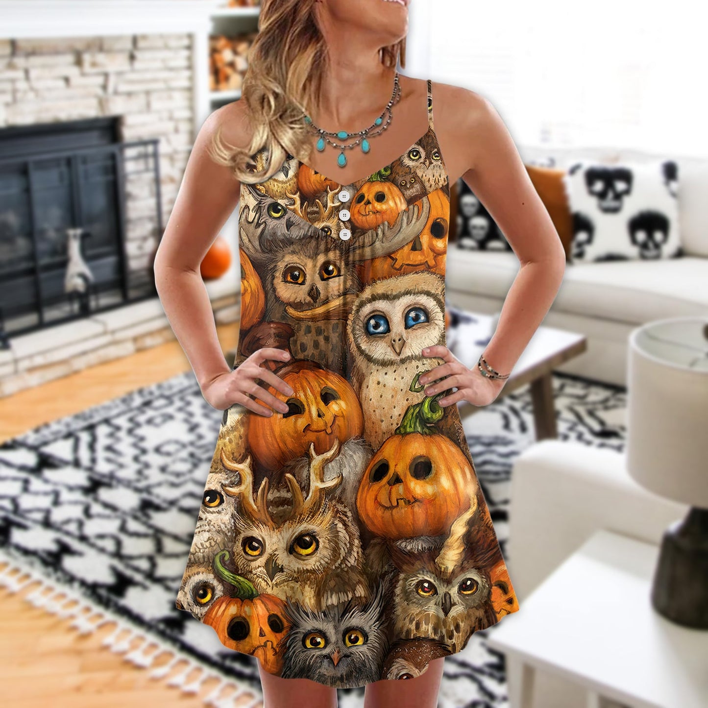 Halloween Owl Pumpkin Pattern – Women's Summer Sleeveless V-Neck Camisole Dress