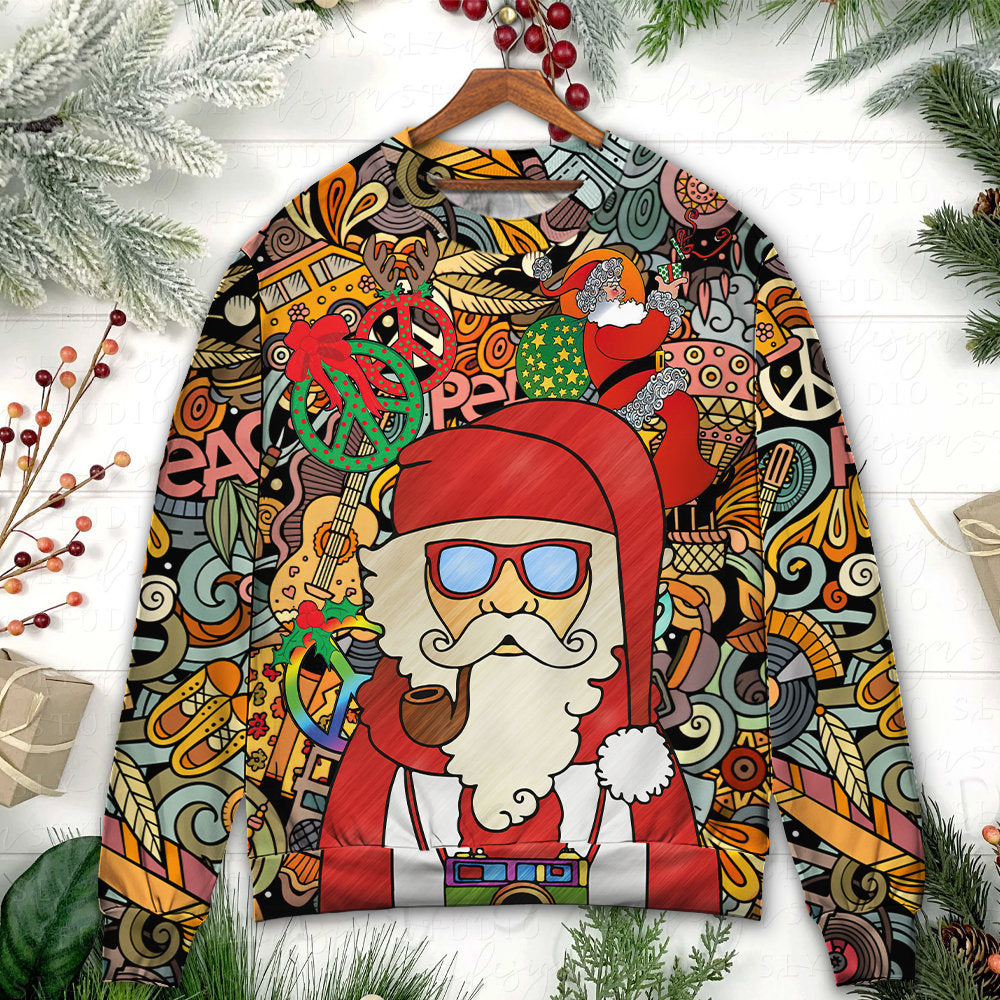 Christmas Hippie Santa Love And Peace – Sweater - Ugly Christmas Sweater

