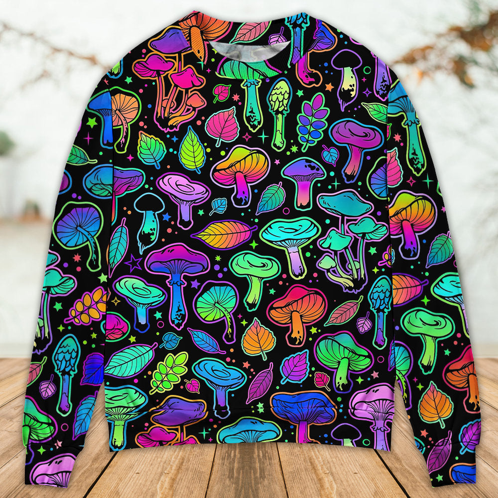 Neon Colorful Mushroom With Leaf Art – Sweater - Ugly Christmas Sweater