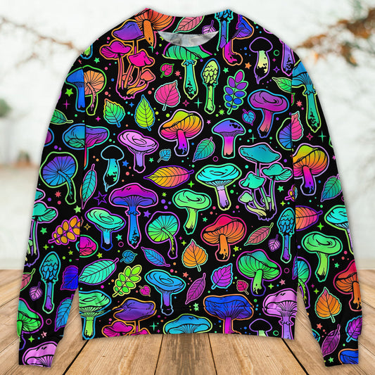 Neon Colorful Mushroom With Leaf Art – Sweater - Ugly Christmas Sweater
