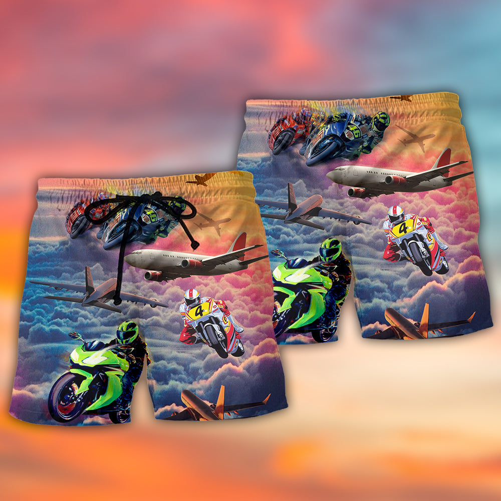 Motorcycle And Airplane Lover Dream Sky - Beach Short - Owls Matrix LTD