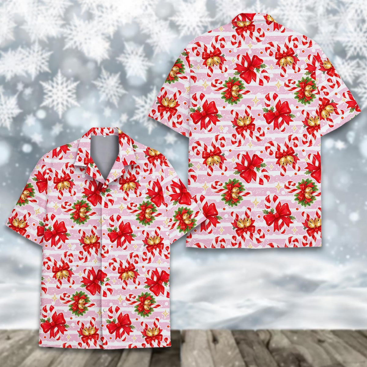 Pink Candy Cane Red Bow Jingle Bell Christmas – Hawaiian Shirt