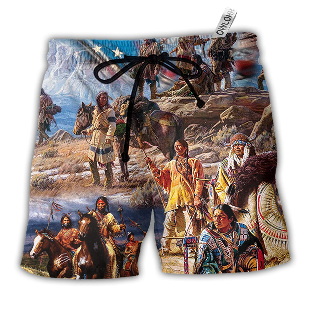 Beach Short / Adults / S Native American Independence Day American Flag - Beach Short - Owls Matrix LTD