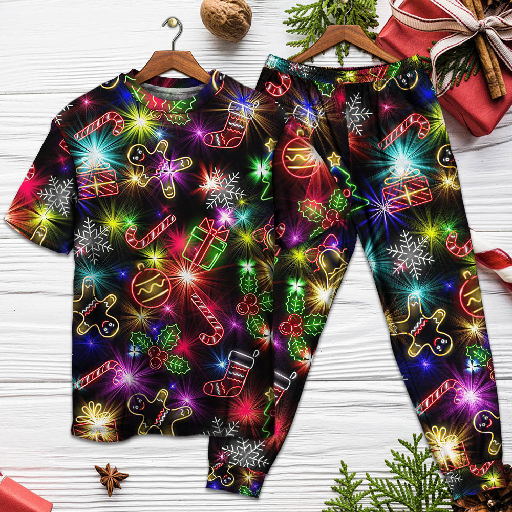 Christmas With Tree And Gift Cookies Gingerbread Man Neon Style - Pajamas Short Sleeve - Owls Matrix LTD