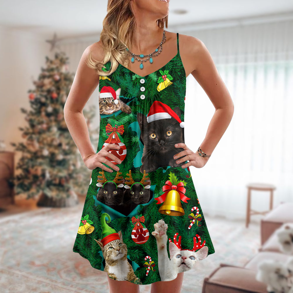 Christmas Cats Meowy Holiday – Women's Summer Sleeveless V-Neck Camisole Dress
