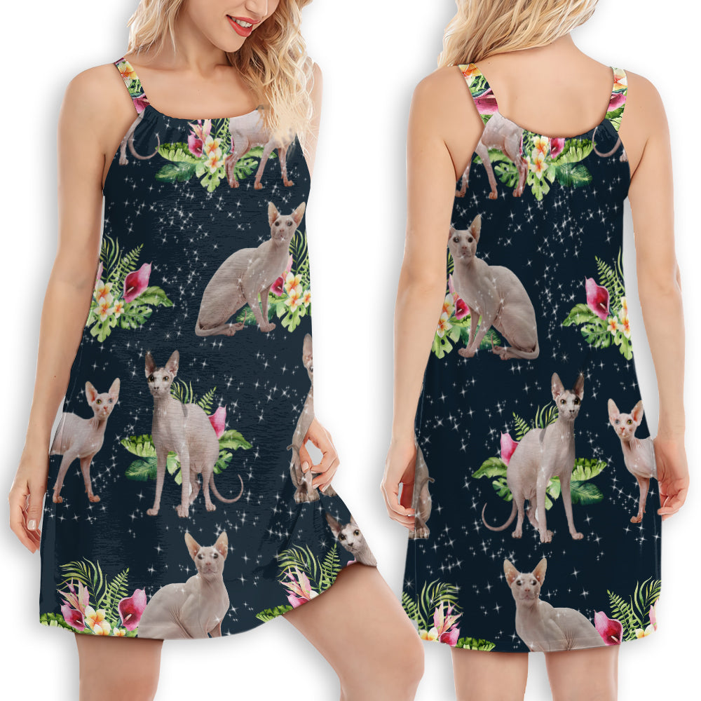Tropical Floral Sphynx Cat – Women's Summer Sleeveless V-Neck Camisole Dress