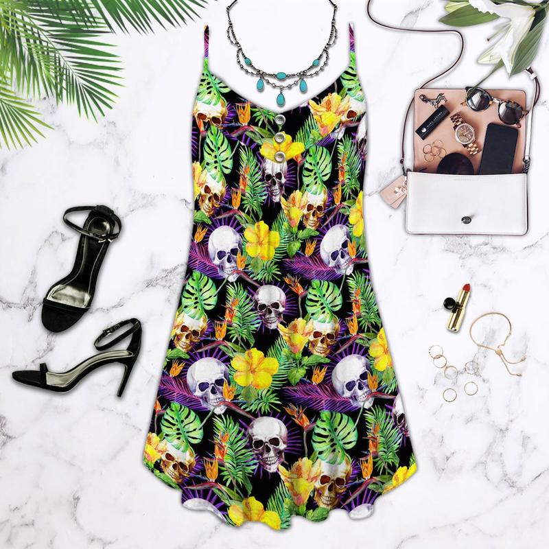 Skull Flowers Summer Tropical Limited 2 – Women's Summer Sleeveless V-Neck Camisole Dress