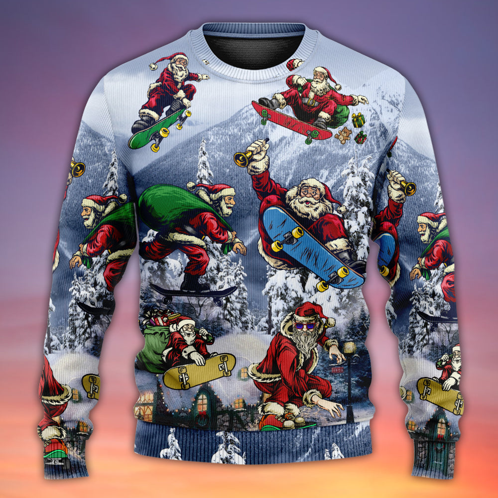 Christmas Santa Skateboarding Snow Mountain Light Art – Sweater - Ugly Christmas Sweater