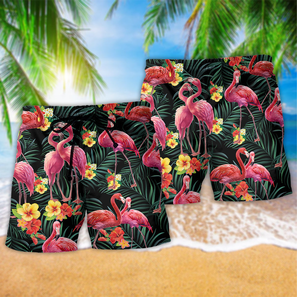 Flamingo Couple Floral Love - Beach Short