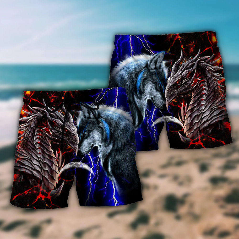Dragon And Wolf Red Blue Art - Beach Short