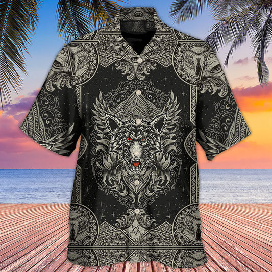 Wolf Line Art In Dark Style – Hawaiian Shirt