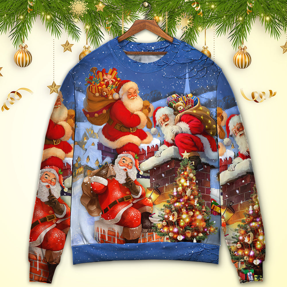 Christmas Santa Up On Rooftop Art Style – Sweater - Ugly Christmas Sweater