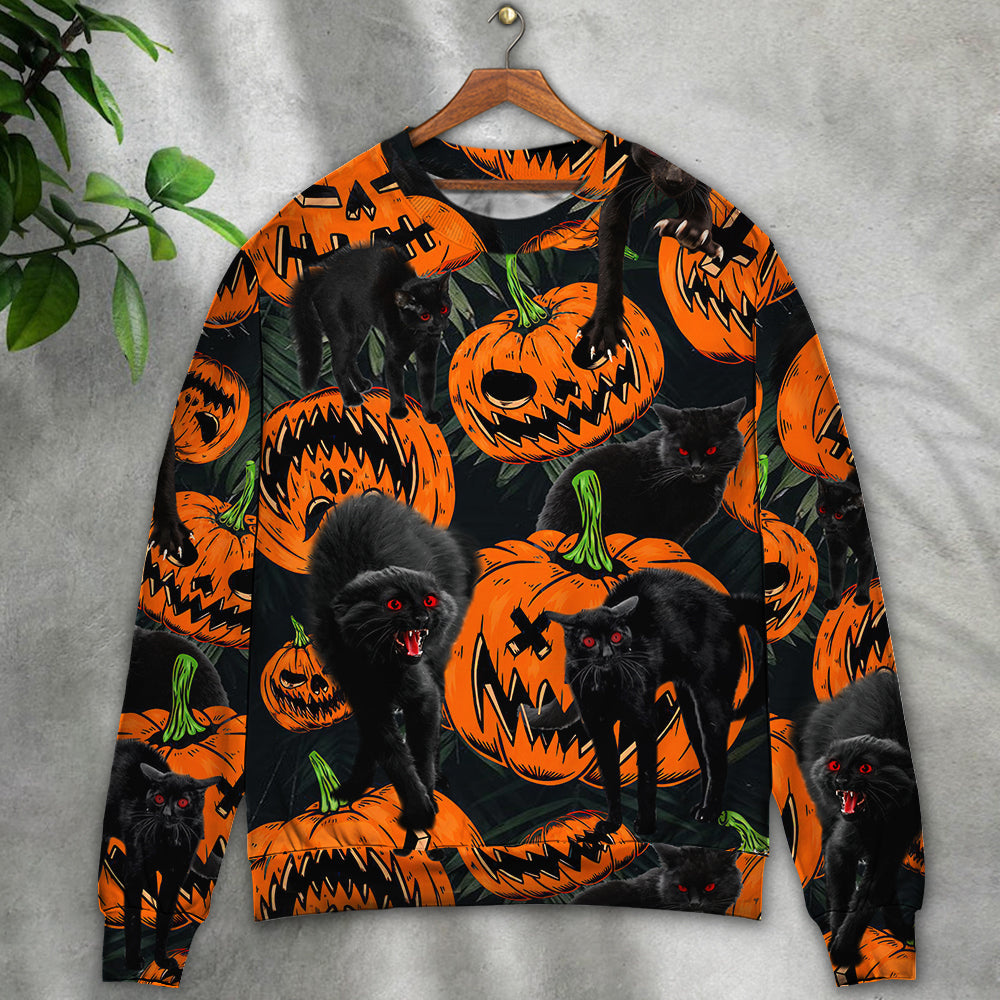 Halloween Black Cat Pumpkin Tropical Art – Sweater - Ugly Christmas Sweater