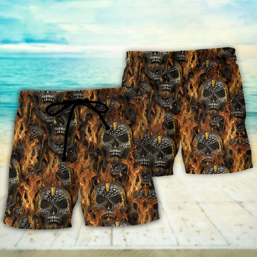 Skull Bullet Head Shot Fire - Beach Short - Owls Matrix LTD