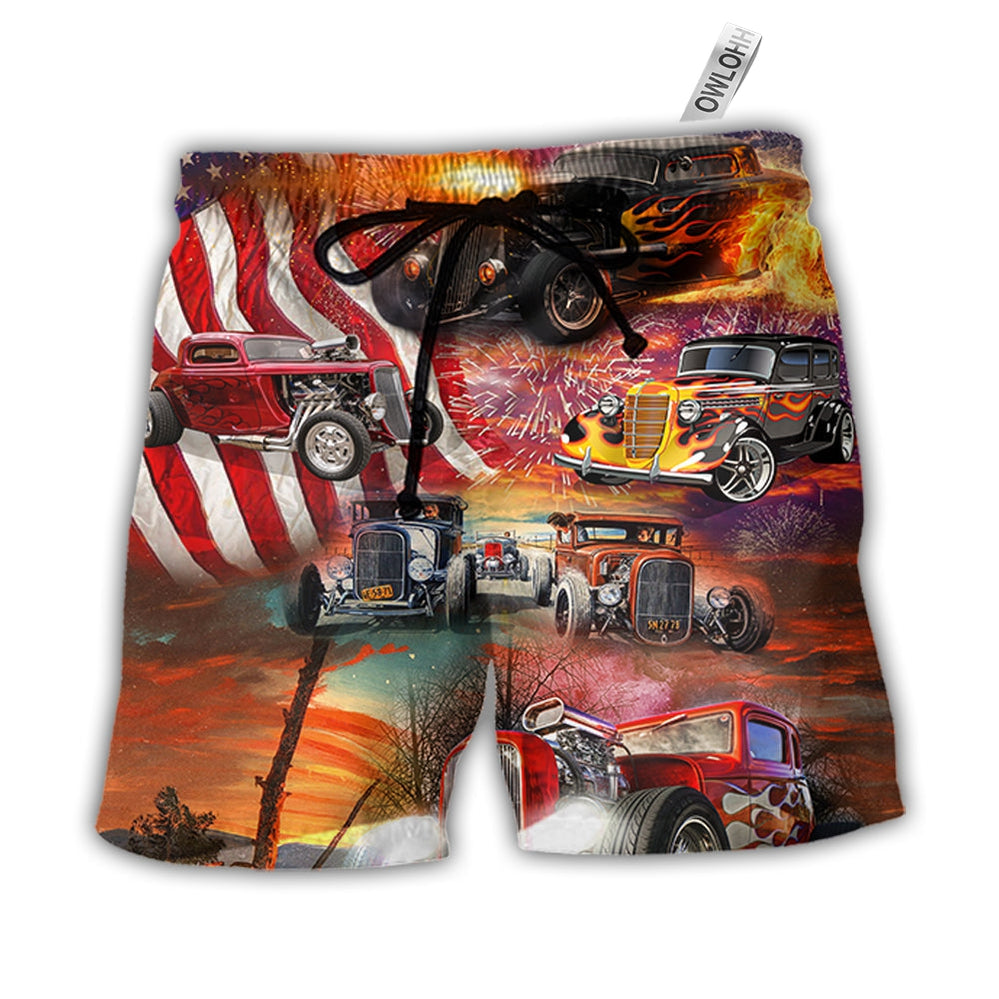 Beach Short / Adults / S Hot Rod Independence Day Firework Happy - Beach Short - Owls Matrix LTD