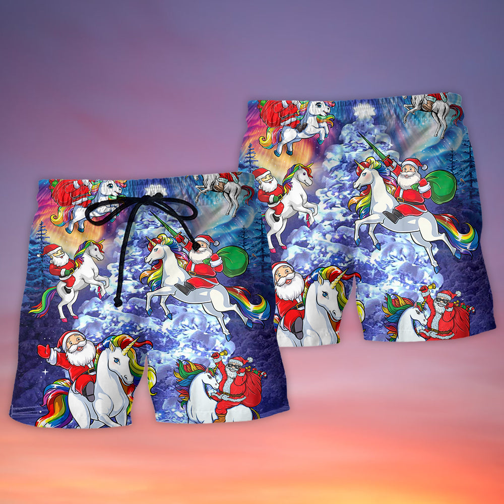 Santa Riding Unicorn In Snowy Mountains – Beach Short