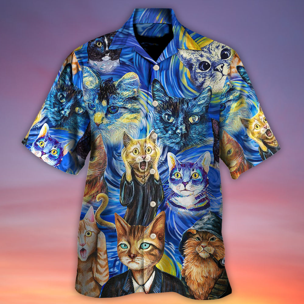 Funny Cat Starry Night Art Painting - Hawaiian Shirt