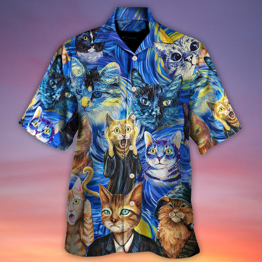 Funny Cat Starry Night Art Painting - Hawaiian Shirt