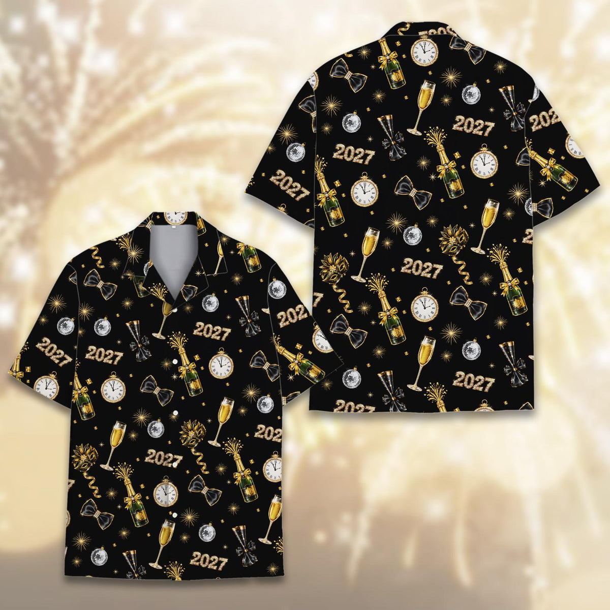 Happy New Year 2027 Champagne Clock Countdown Party – Hawaiian Shirt