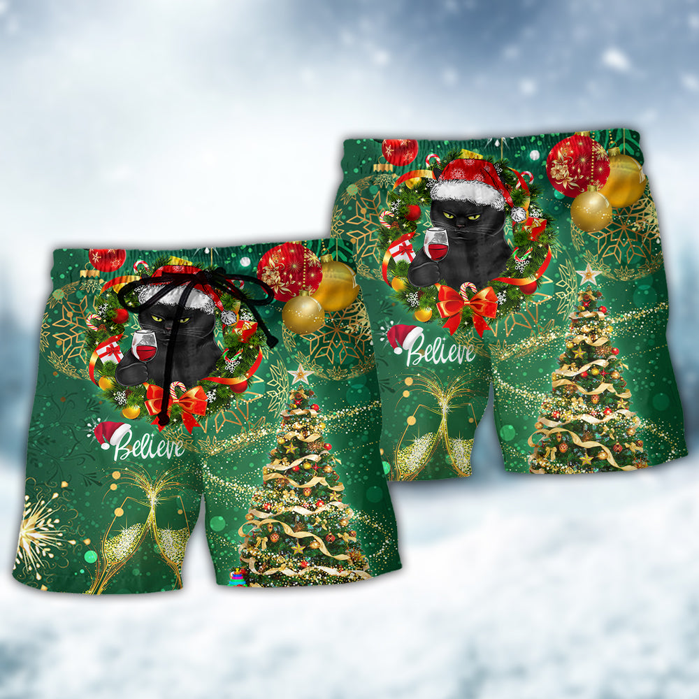 Christmas Black Cat Drinking Happy Christmas Tree Green Light - Beach Short - Owls Matrix LTD