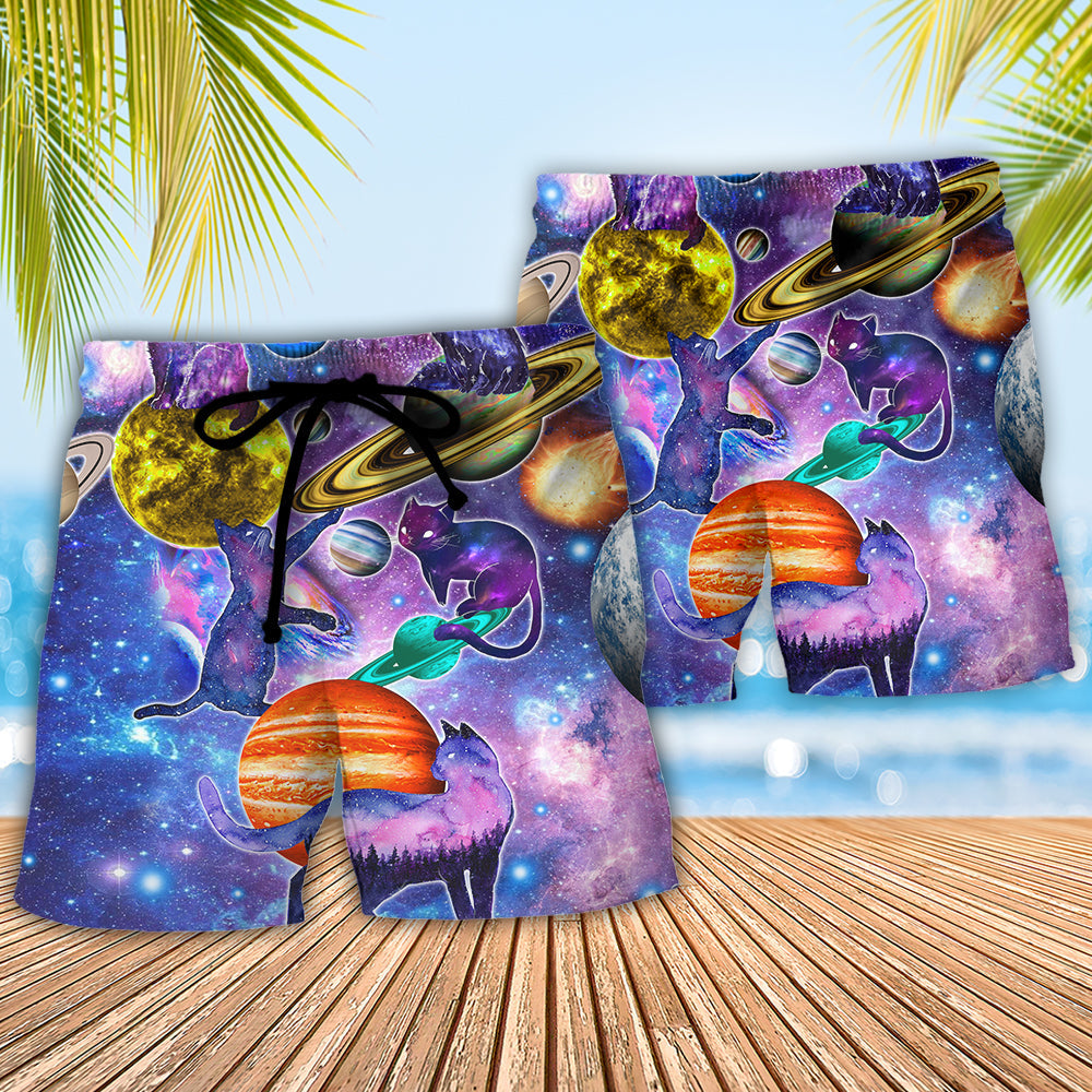 Cat Love Galaxy Colorful Art – Beach Short