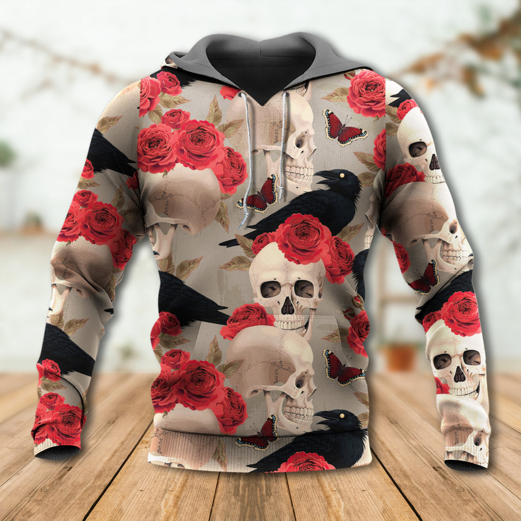 Gothic Skull Rose Raven - 3D Hoodie