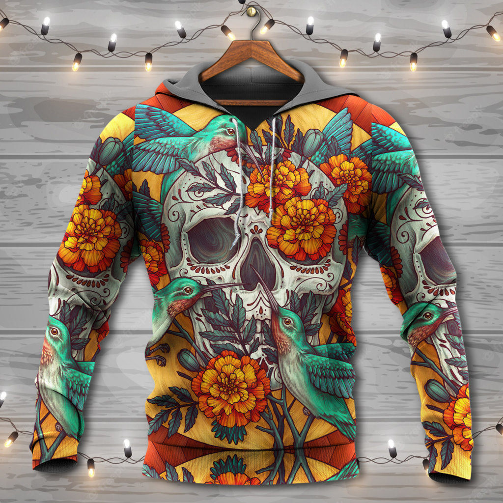 Floral Skull Hummingbird Art - 3D Hoodie