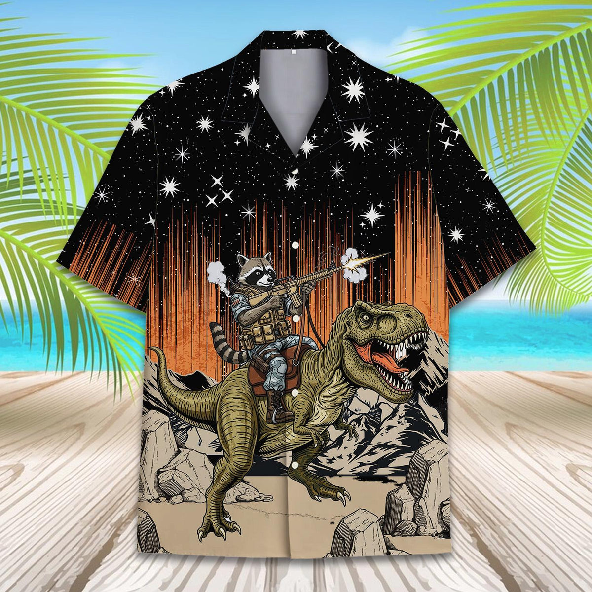 Funny Raccoon Riding T-Rex Space Galaxy Adventure – Hawaiian Shirt