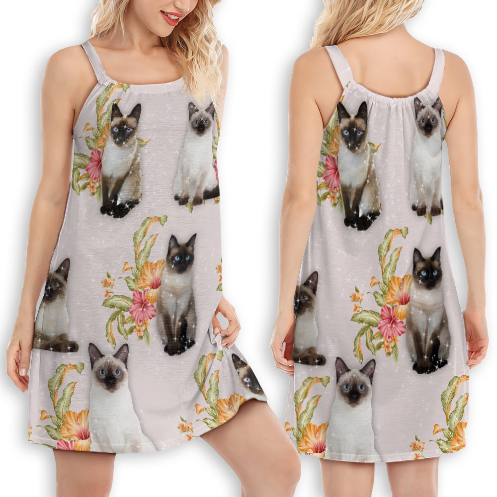 Tropical Floral Siamese Kitty – Women's Summer Sleeveless V-Neck Camisole Dress