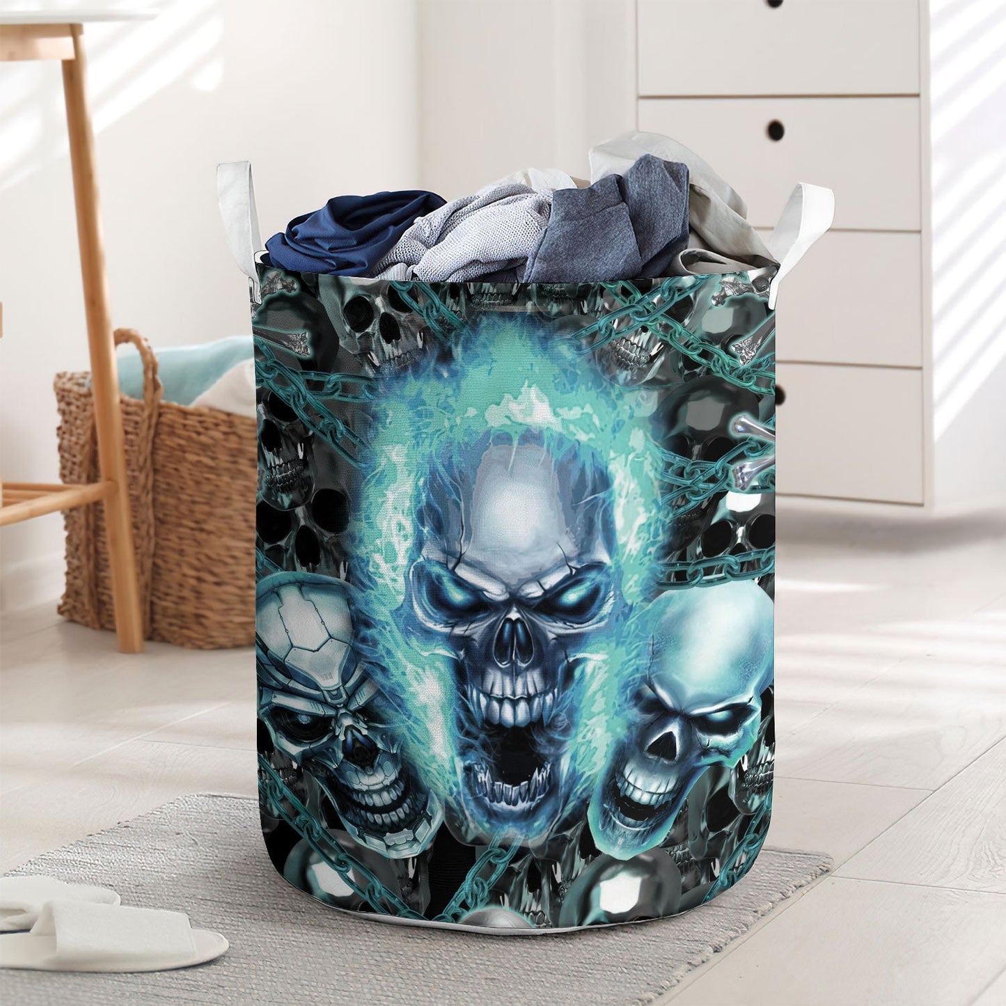 Skull Blue Flame Screaming - Laundry Basket - Owls Matrix LTD