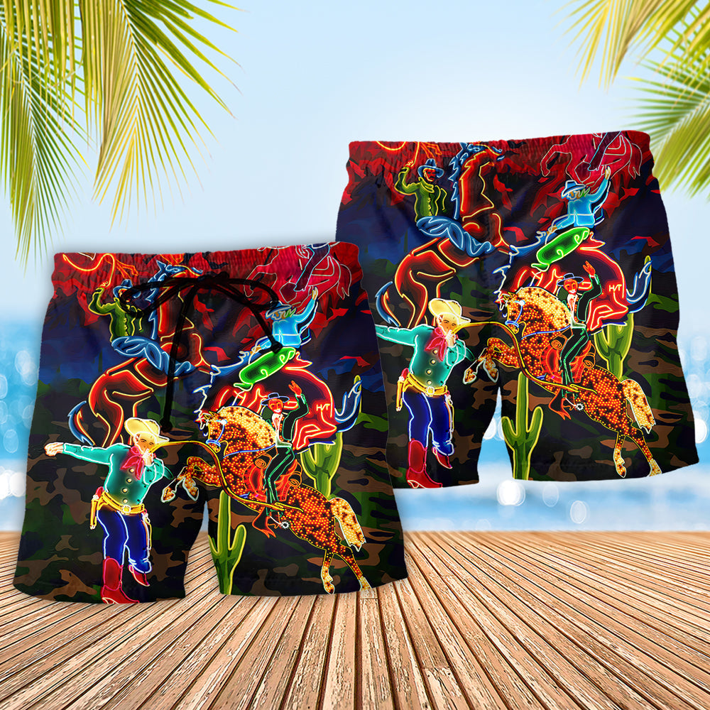 Cowboy Riding Horse Neon Desert – Beach Short