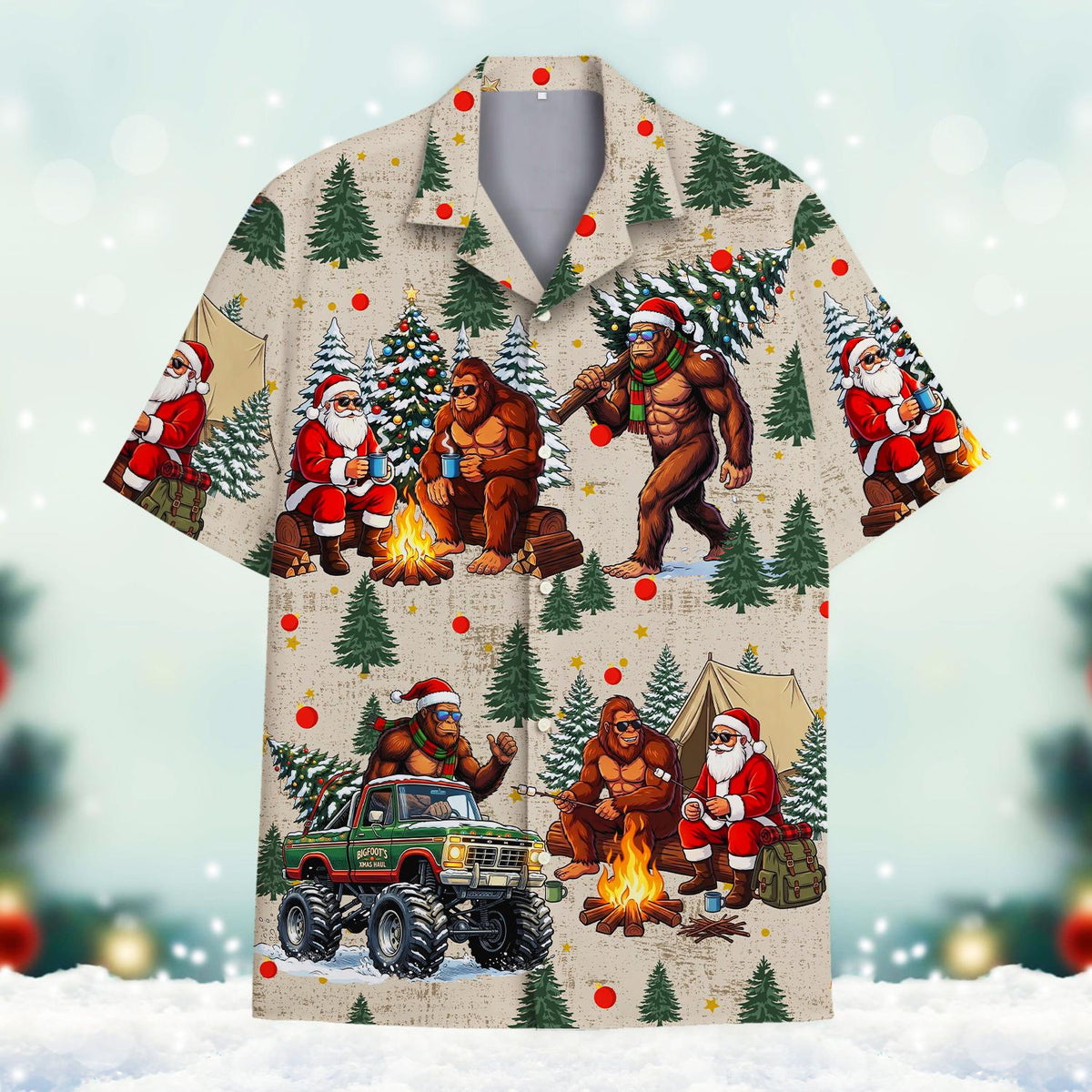 Bigfoot Christmas Santa Camping Campfire – Hawaiian Shirt
