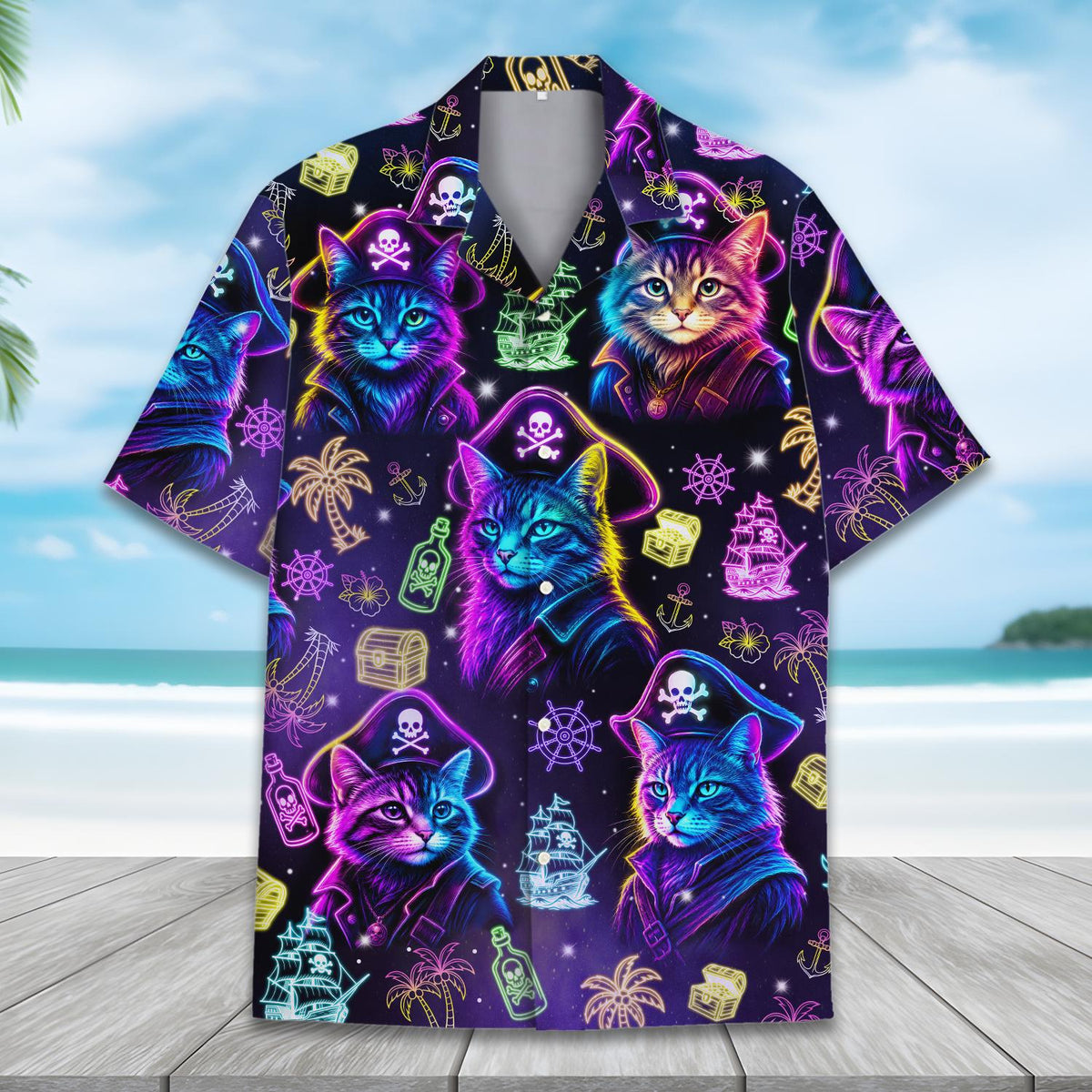 Neon Pirate Cat Glowing Captain Treasure – Hawaiian Shirt