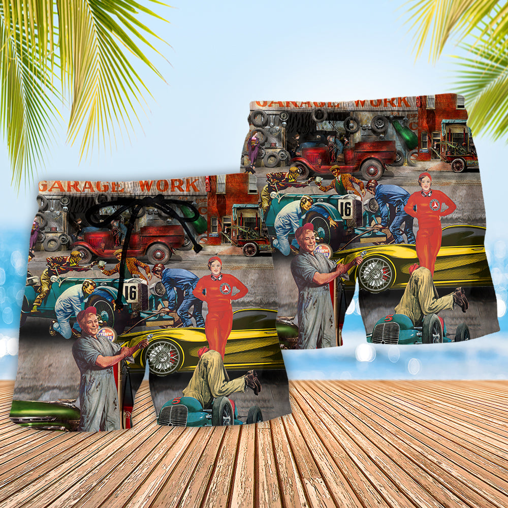 Retro Auto Mechanic Car - Beach Short