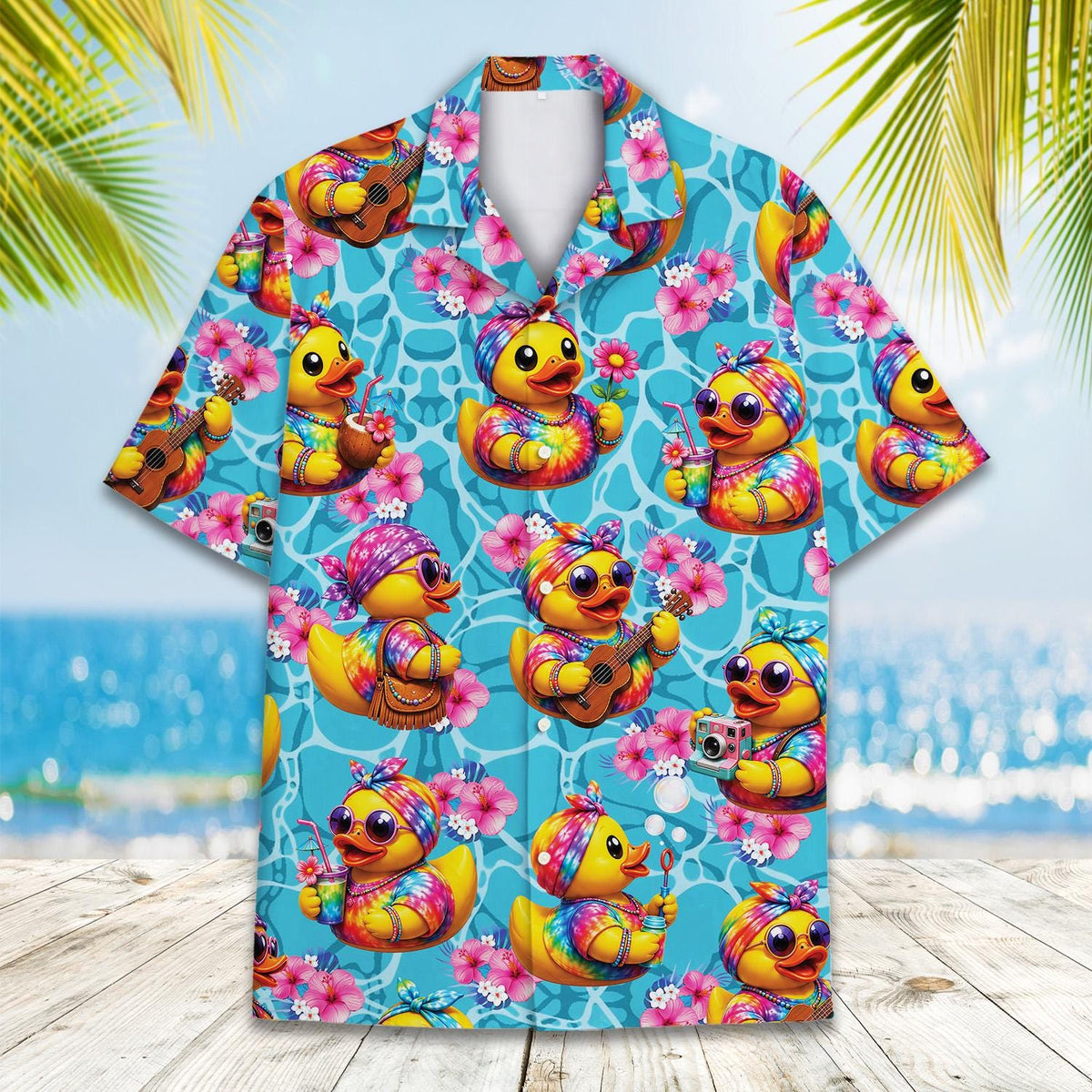 Summer Rubber Duck Tie Dye Tropical Flowers Cocktail – Hawaiian Shirt